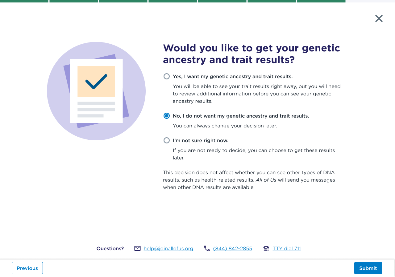 Screenshot of the All of Us DNA results options interface