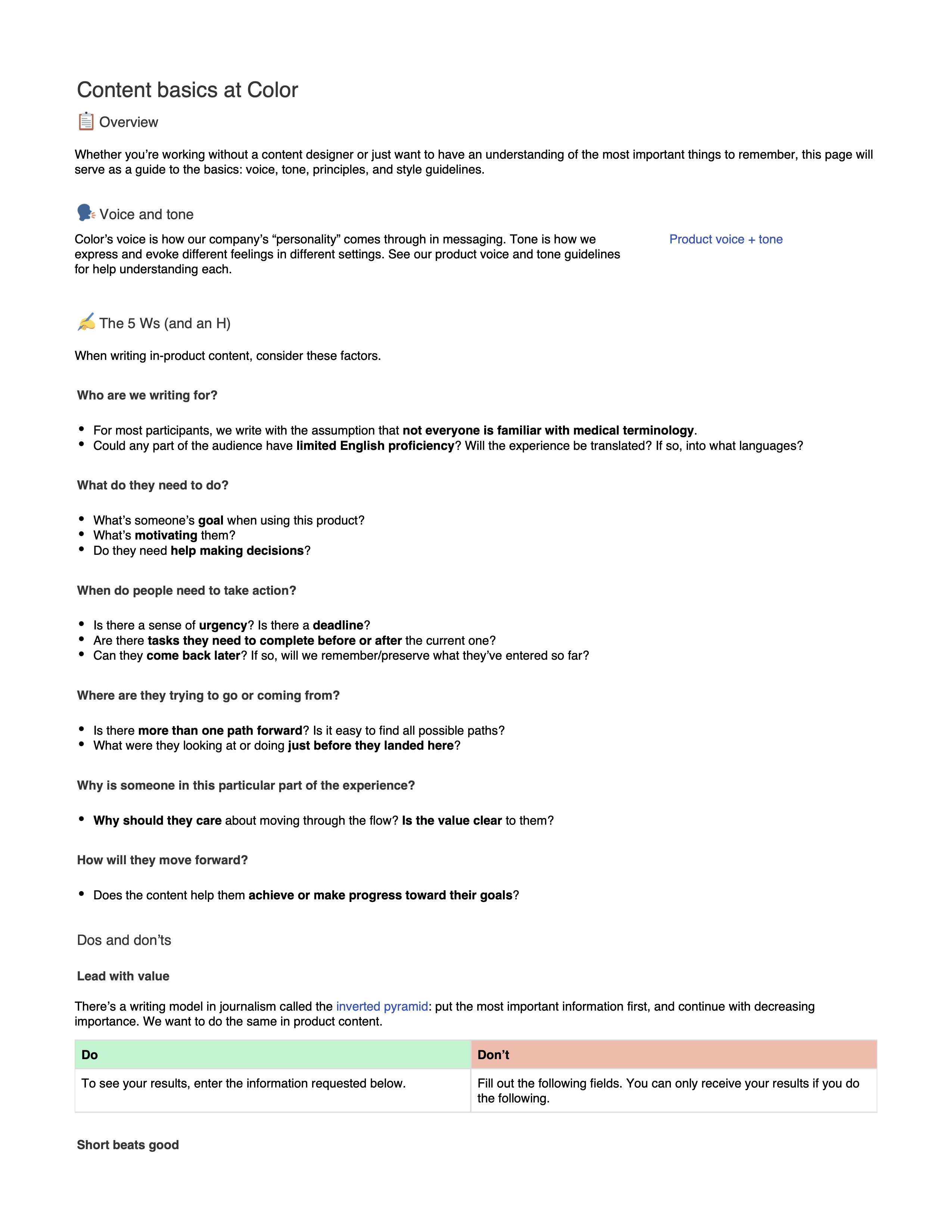 Screenshot of the Content basics at Color internal resource