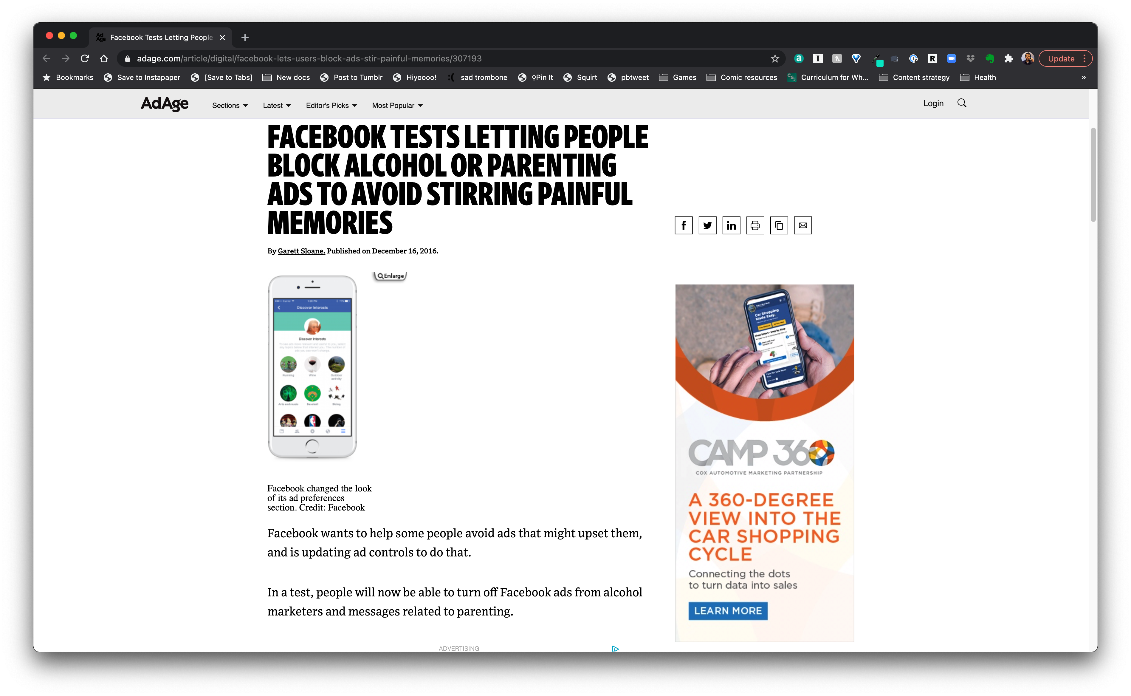 Screenshot from an article published on Ad Age on December 16, 2016 with the headline: 'FACEBOOK TESTS LETTING PEOPLE BLOCK ALCOHOL OR PARENTING ADS TO AVOID STIRRING PAINFUL MEMORIES'