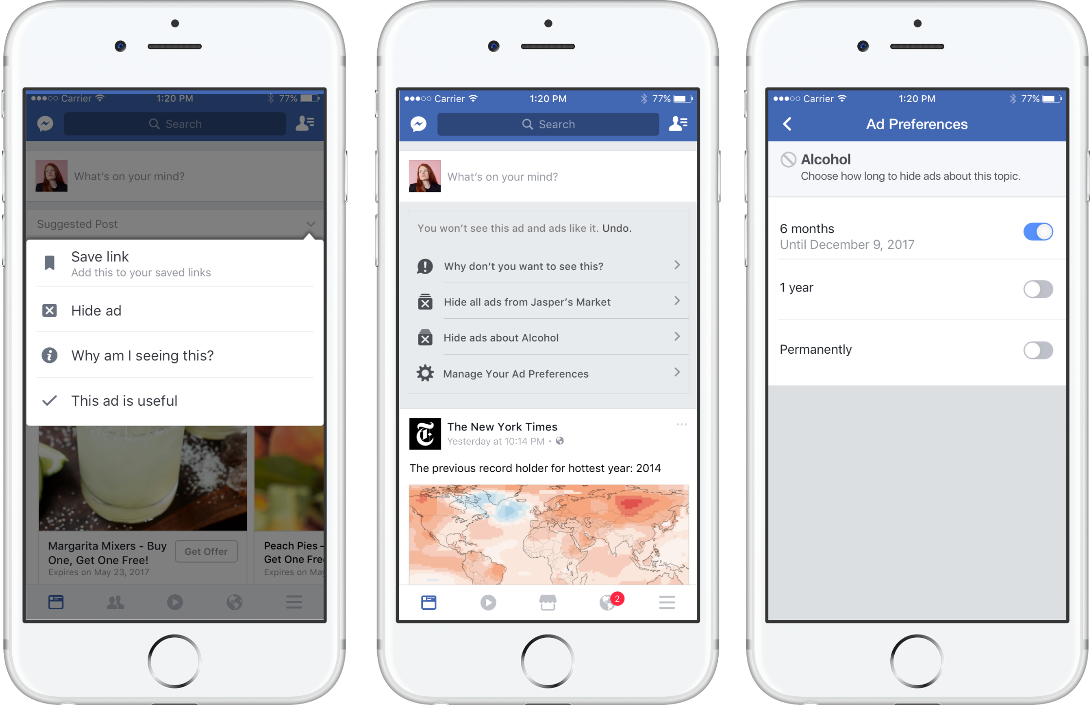 Three mobile phone screenshots showing Facebook's hide ad topics feature circa 2016.