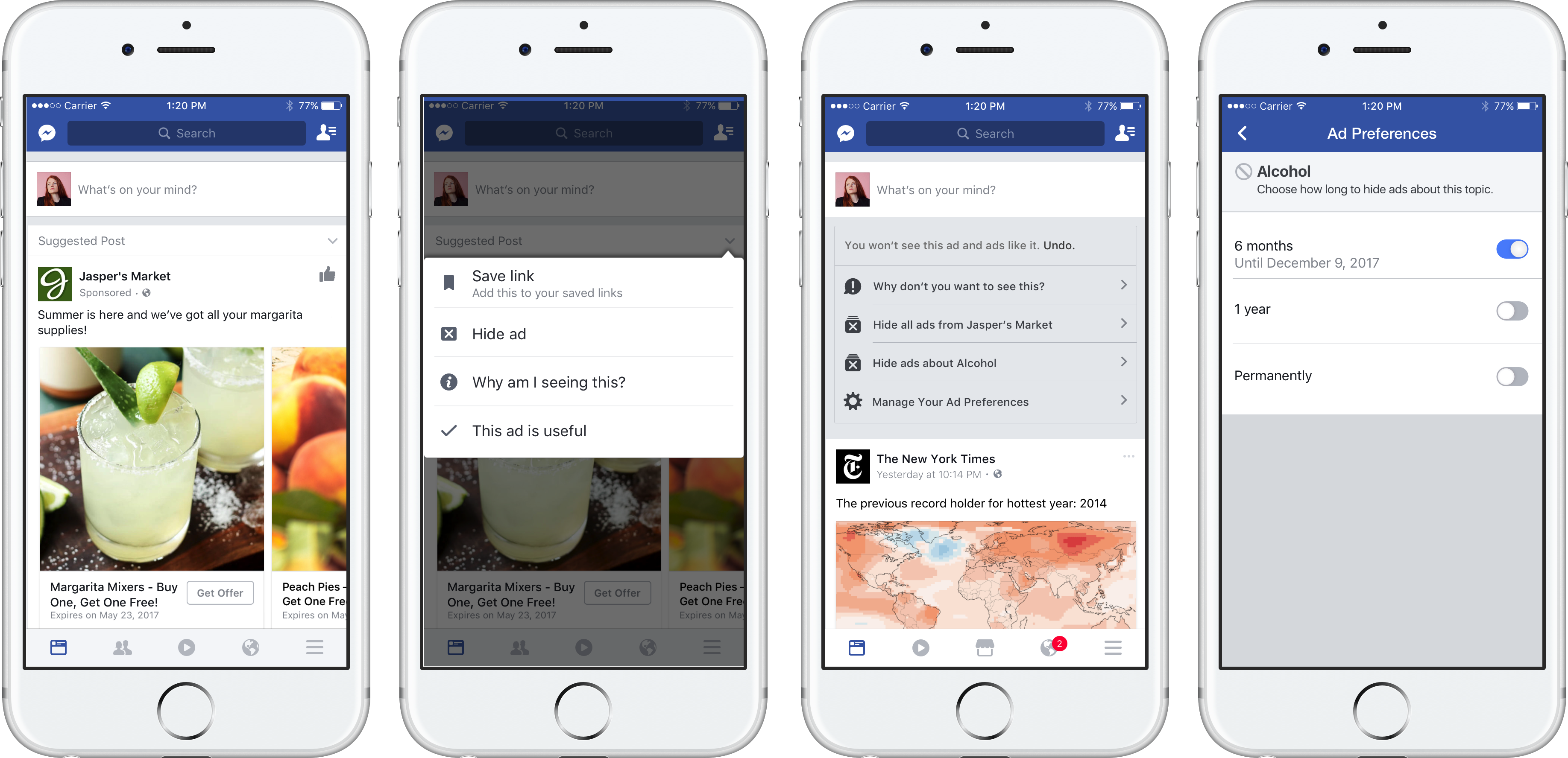 Four phone screens showing the hide ad topics flow
