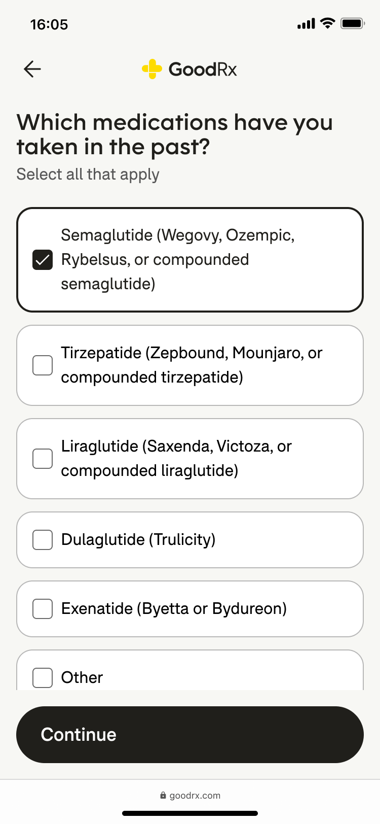 A GoodRx intake questionnaire screen asking 'Which medications have you taken in the past?' with checkboxes for various GLP-1 medications. Semaglutide is checked.