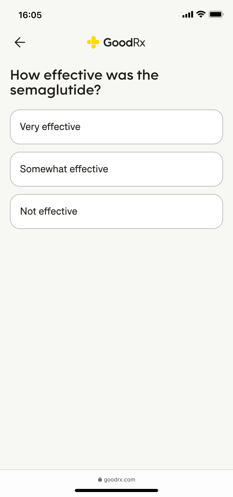 A GoodRx intake questionnaire screen asking 'How effective was the semaglutide?' with three options: 'Very effective, Somewhat effective, Not effective.'