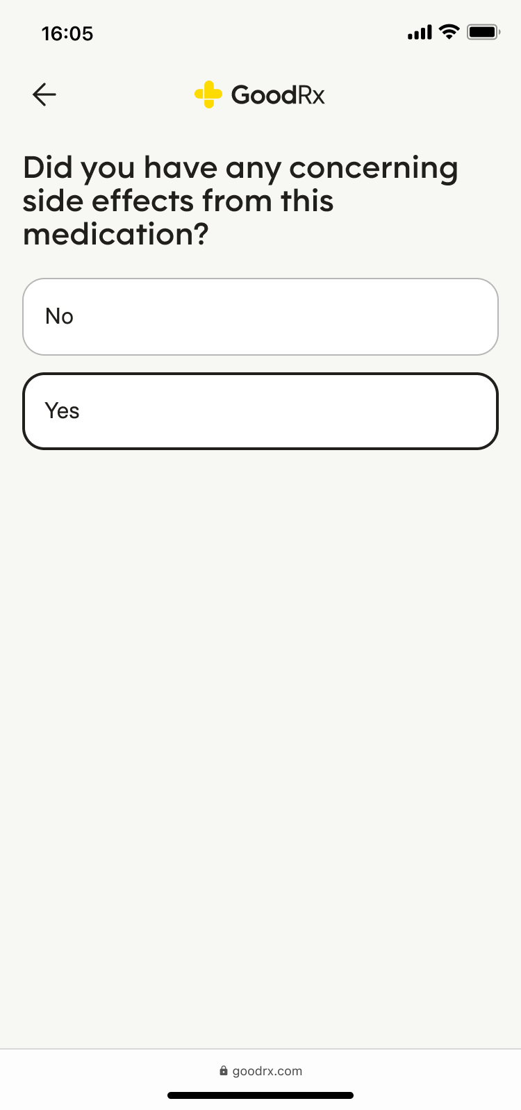 A GoodRx intake questionnaire screen asking 'Did you have any concerning side effects from this medication?' with No and Yes options. Yes is selected.