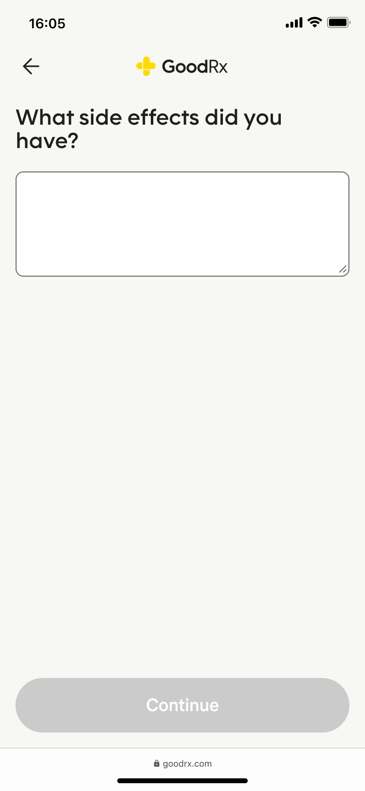 A GoodRx intake questionnaire screen asking 'What side effects did you have?' with an open text field for a response.