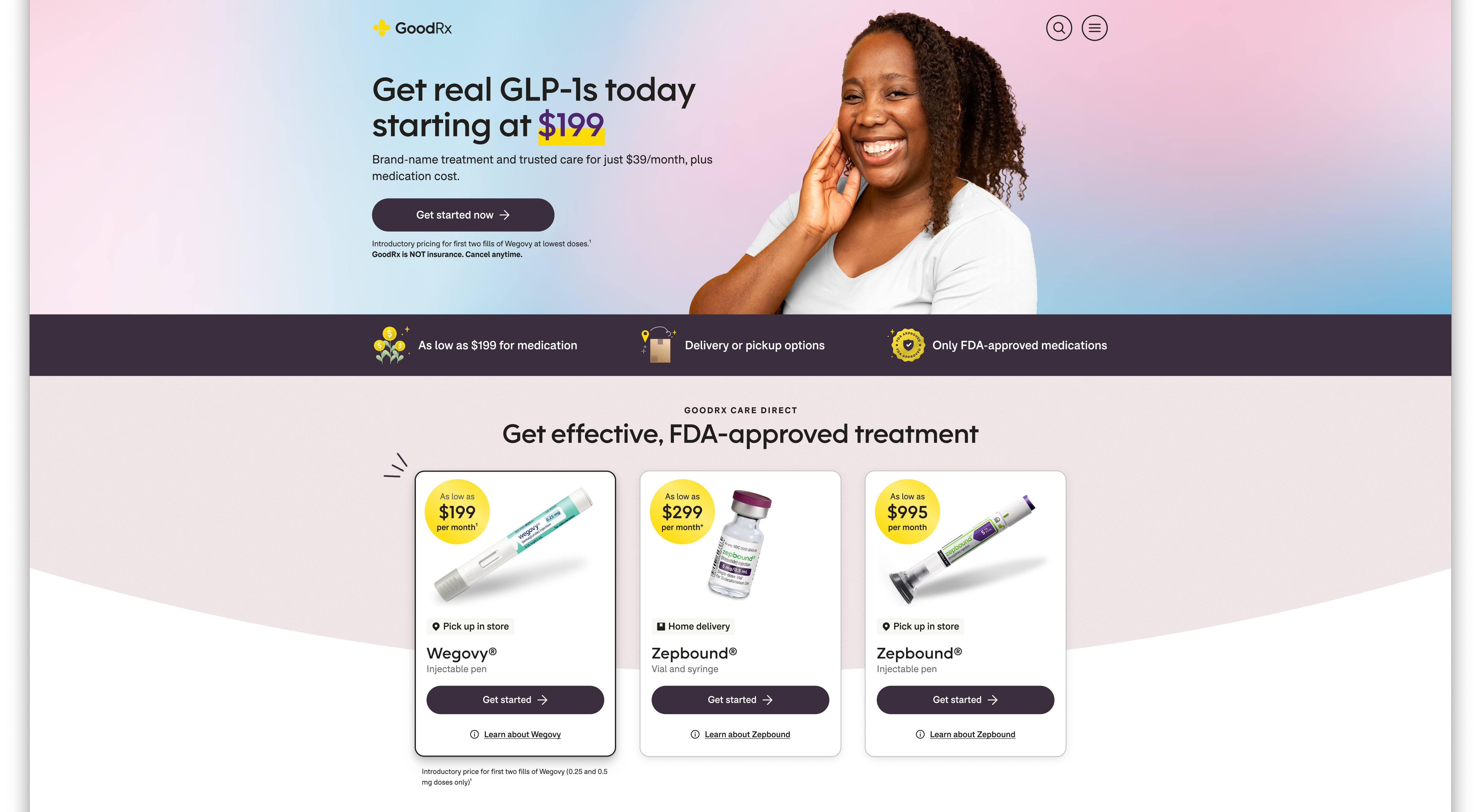 A screenshot of GoodRx's weight loss susbcription landing page circa 2025.